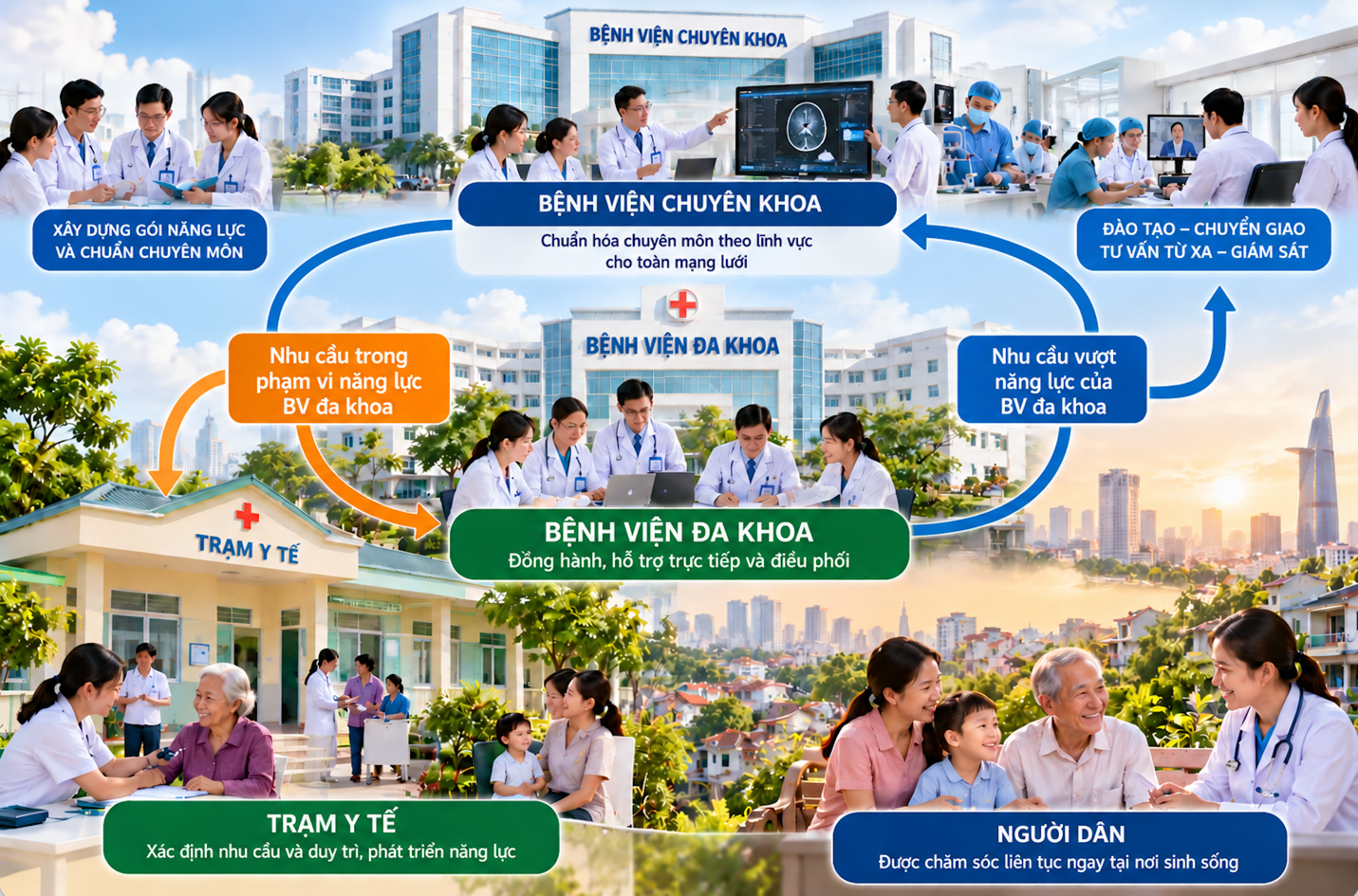 Phối hợp giữa trạm y tế, bệnh viện đa khoa và bệnh viện chuyên khoa trong chương trình kết nối bệnh viện với trạm y tế